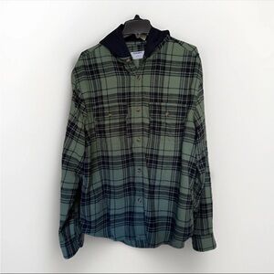 Old Navy Mens Hooded Flannel XL Double-Brushed Green Blue Plaid LS Button Shirt
